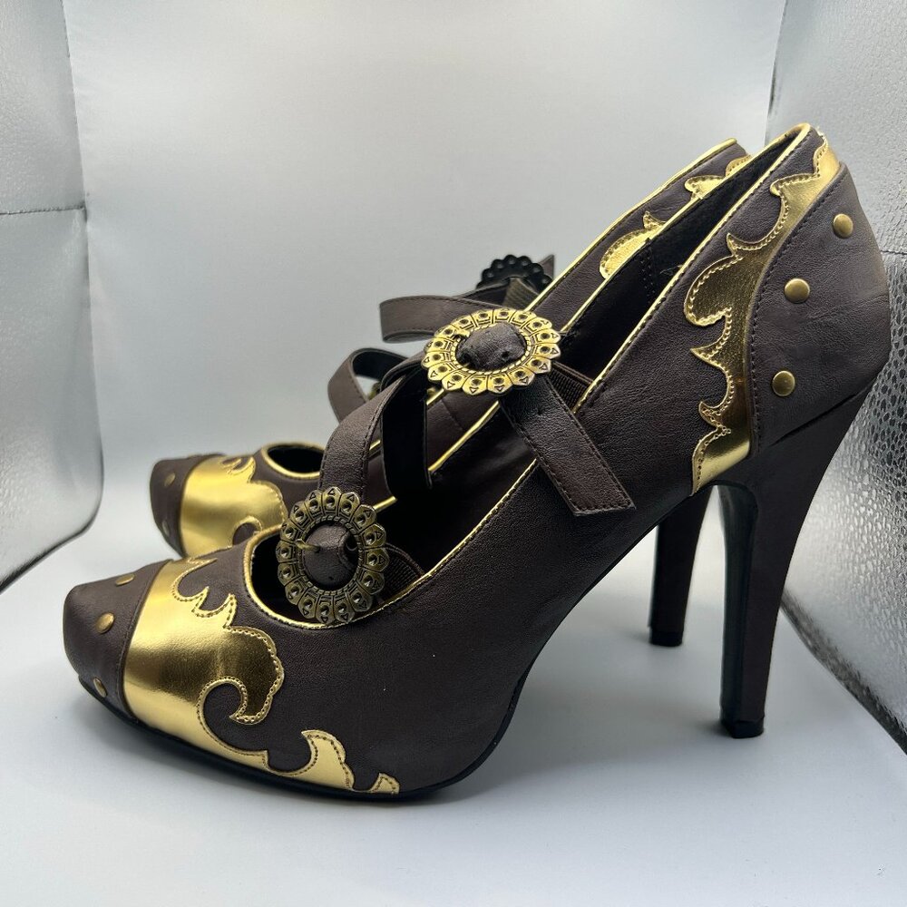 Ellie Gold & Brown Steampunk Victorian-Style Heels--Women's 9.5e